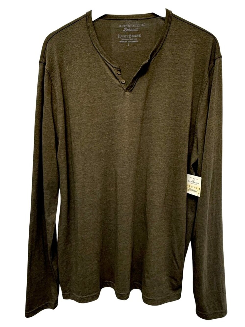 Lucky Brand Venice Burnout Henley Mens Large Olive Green Long Sleeve Tee NWT